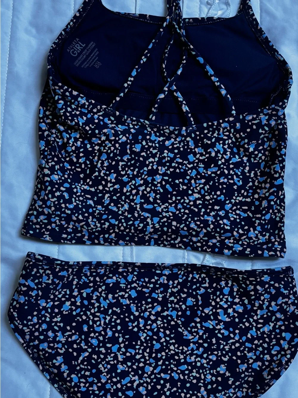 Athleta Girl Two-Piece Tankini with Blue, Green, and Light Pink Speckles
